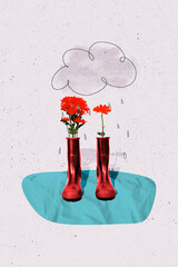 Vertical collage image of fresh flowers inside red shiny water resistant boots painted cloud...