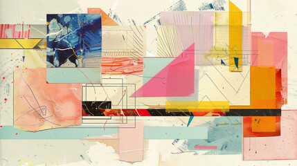Mixed Media Collage with Paint Strokes, Geometric Shapes, and Splatters