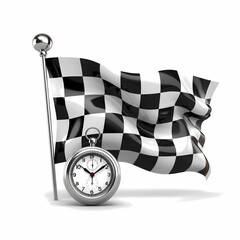 A checkered flag with a stopwatch on a white background. Racing, the concept of start, finish