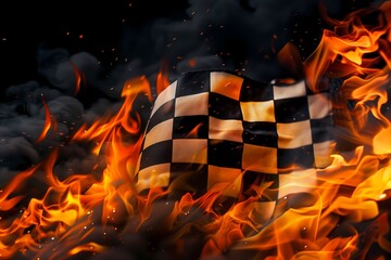 Burning checkered flag, racing, start and finish concept
