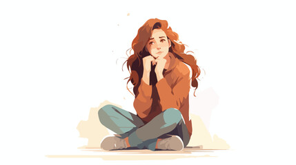 Girl sitting thinking and watching flat vector isola