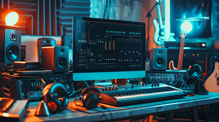 a dynamic scene featuring a mix of musical instruments, a computer with music software open