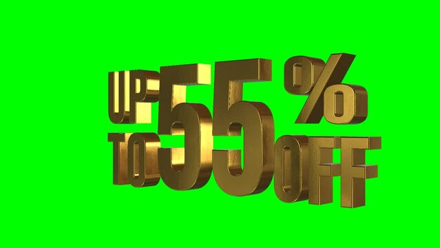 3D golden UPTO 55% OFF on green screen background, special offer, great offer, sale. fifty five Percent Off Promotional Advertising Banner, Label, Tag, 3D gold sale offer Chroma key animation