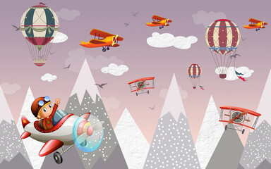 3d wallpaper in the children's room. Mountains. Airplane. Air balloon Wallpaper for the children's room. Pastel colors.
