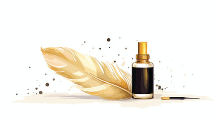 Golden feather and ink bottle .. flat vector