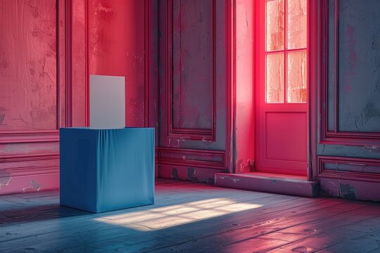 Blue election box ballot campaign mockup. Realistic illustration of blue election box ballot campaign for web design on pink background