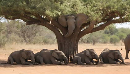 A Group Of Elephants Resting In The Shade Of A Tre Upscaled 3 - obrazy, fototapety, plakaty
