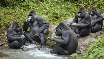 A Group Of Gorillas Enjoying A Refreshing Drink Fr