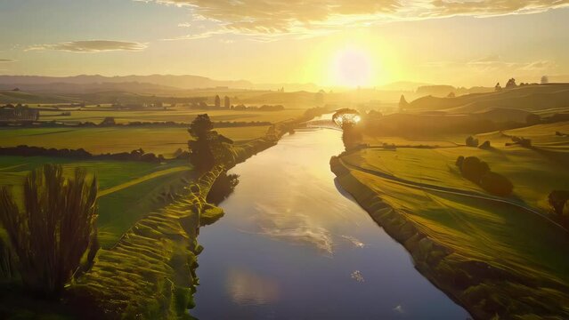 Beautiful sunrise over the Tuscany countryside with a small river