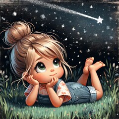 Cute little cartoon girl with big eyes and messy bun laying in a grassy field watching a shooting star at night