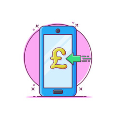 Receiving money pound sterling currency by phone cartoon vector illustration. Money transaction online. Transfer money by online internet banking