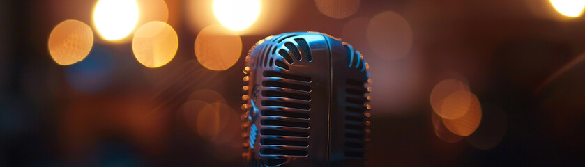 Antique microphone detail with a subtle bokeh light effect in the background