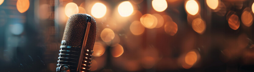 Antique microphone detail with a subtle bokeh light effect in the background - obrazy, fototapety, plakaty
