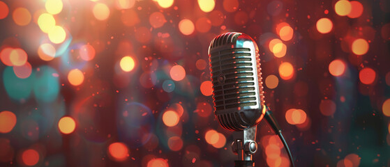 Classic microphone in the limelight with a dazzling bokeh effect behind - obrazy, fototapety, plakaty