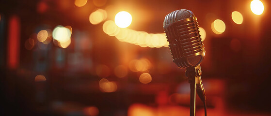 Classic microphone in the limelight with a dazzling bokeh effect behind - obrazy, fototapety, plakaty