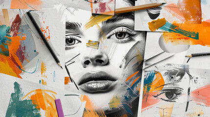Artistic Woman's Face with Colorful Paint Strokes and Sketch Elements