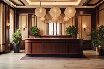 Interior of vintage hotel reception. Workplace, reception desk and equipment.