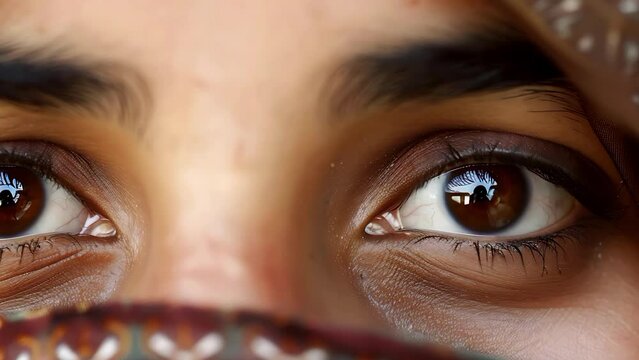 Close Up Muslim Woman's Empty Eyes Give A Sad Feeling