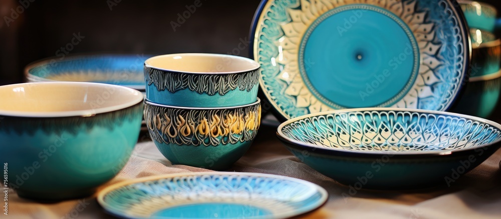 Poster the table is adorned with an array of blue and white tableware including bowls and plates made of po