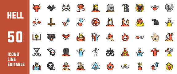 50 Hell Icons Set Line Editable Vector Illustration  - obrazy, fototapety, plakaty