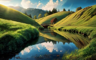 A serene landscape, with rolling hills and a tranquil pond