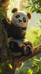 Colorful cartoon background for smartphone 9:16, panda on a tree 2