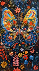 Colorful background for smartphone 9:16, khokhloma with flowers and birds, red, orange, blue 4