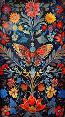 Colorful background for smartphone 9:16, khokhloma with flowers and birds, red, orange, blue 1