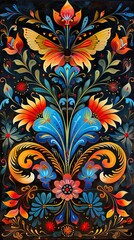 Colorful background for smartphone 9:16, khokhloma with flowers and birds, red, orange, blue 2