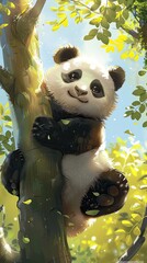 Colorful cartoon background for smartphone 9:16, panda on a tree 1