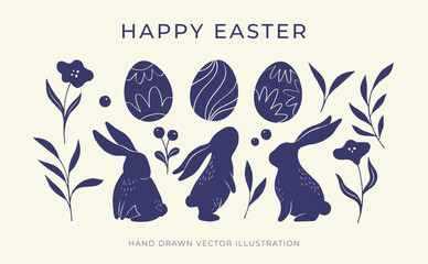 Easter bunny and eggs collection isolated on white background. Hand drawn vector illustration with floral elements. Happy Easter folk style design. - obrazy, fototapety, plakaty