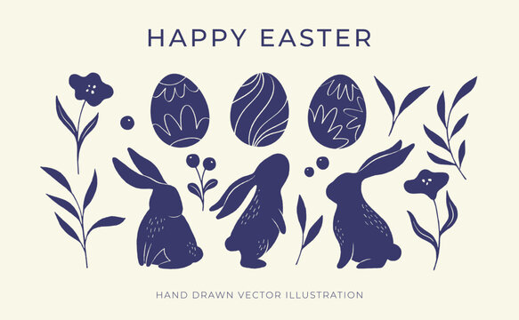 Fototapeta Easter bunny and eggs collection isolated on white background. Hand drawn vector illustration with floral elements. Happy Easter folk style design.