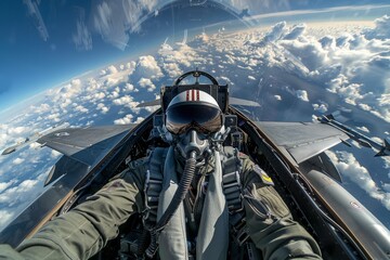 Military pilot in F-16 cockpit soaring high for a mission above the clouds
