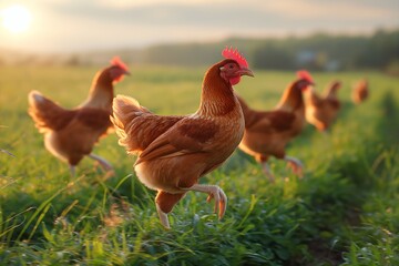 A hen strides forward in a grassy field at sunset, with other chickens in the background