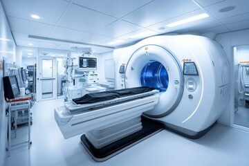 A state-of-the-art MRI scanner within a sterile and modern medical environment, highlighting healthcare technology