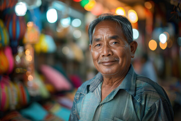Naklejka premium A simple street market seller in front of his stand stall. Blurred background with bokeh. Created with Generative AI technology.
