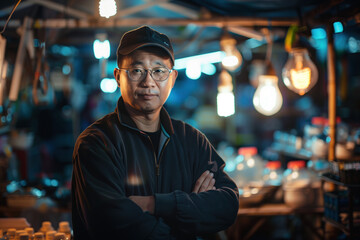 Fototapeta premium A simple street market seller in front of his stand stall. Blurred background with bokeh. Created with Generative AI technology.