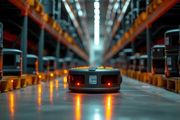 Autonomous robotic machines efficiently maneuver within a modern industrial warehouse setting - obrazy, fototapety, plakaty