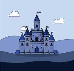 Blue prince medieval vector castle. Cartoon fairy tale castle tower icon