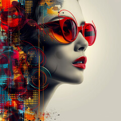Beautiful young woman with red lips and sunglasses on colorful background.