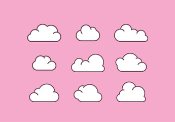 Set of pink princess cloud Icons in modern flat style isolated on blue background.
