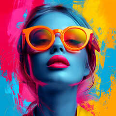 Obraz premium Fashion portrait of a beautiful young woman in orange sunglasses on colorful background.