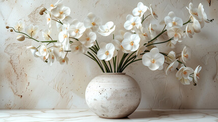 White orchids in a vase on a white marble table