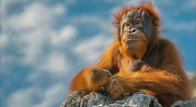 an orangutan on a rock footage