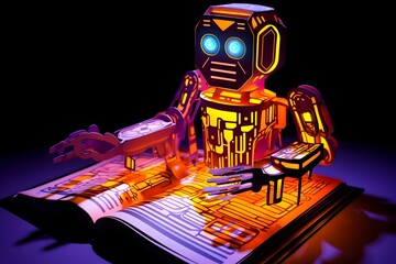 AI Robot Playing Piano on Illuminated Popup Book A Glowing Diorama of Artistic Technology