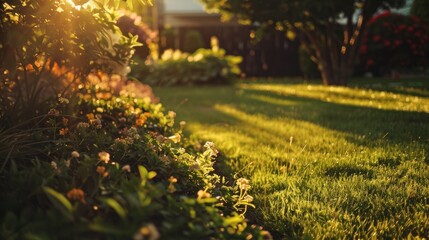Perfectly manicured lawn and flowerbed with bushes in the sun - obrazy, fototapety, plakaty