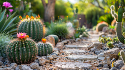 Cactus garden with blooming cactuses and succulents
