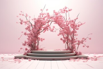 3d render of podium with cherry blossom background, Japanese style, Ai Generated