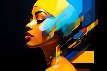 Futuristic African American Womans Portrait in Vibrant Yellow and Blue Vector Illustration with Abstract Shapes and Geometric Patterns - obrazy, fototapety, plakaty