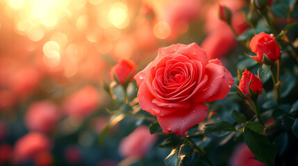 Beautiful red rose flower in the garden at sunrise. Nature background